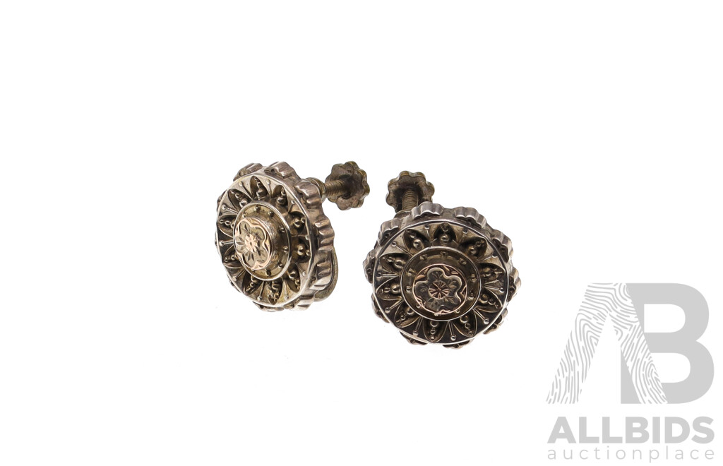 Antique Victorian (late 1890's) Sterling Silver Target Brooch and Matching Screw Back Clip on Earrings, 8.42 Grams