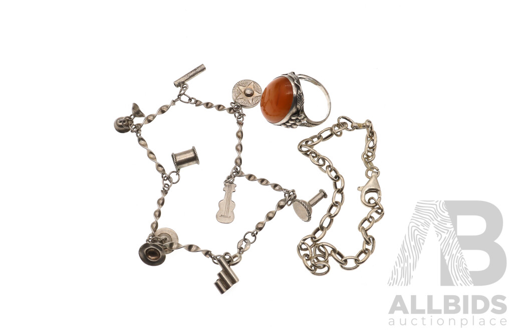 Sterling Silver Vintage Musical Charm Bracelet, 20cm with Artisian SS Ring with Carnelian Cabochon & Other SS Bracelet, 15.66 Grams