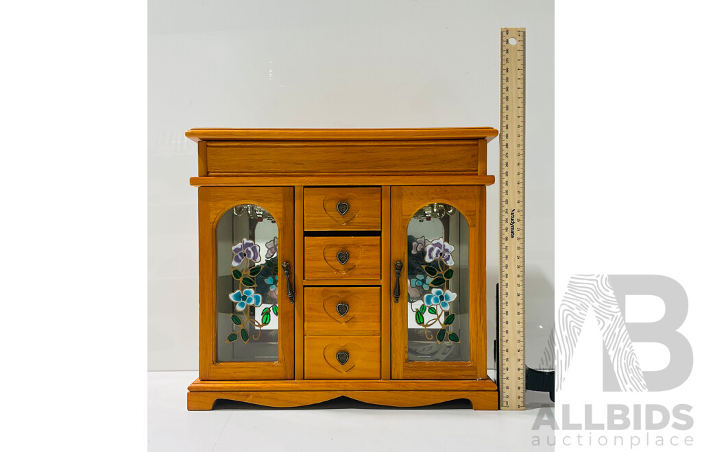 Vintage Wooden Jewellery Box with (6) Compartments, 30cm X 33cm X 12.5cm