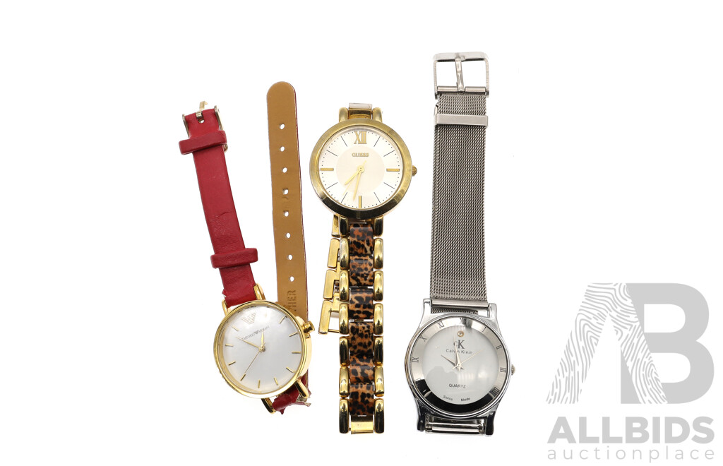 Collection of (3) Ladies Fashion Dress Watches From Calvin Klein, Guess and Emporio Armani