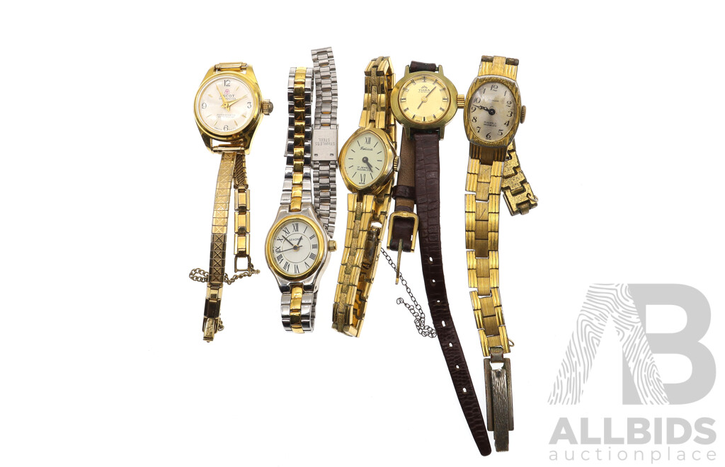 Collection of (5) Vintage Ladies Gold Tone Petite Watches Including Ascot, Felicia, Tiara