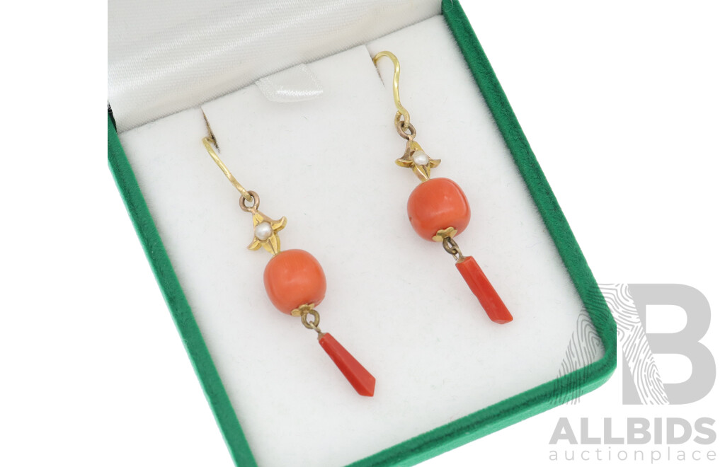 18ct Coral & Seed Pearl Drop Earrings, 50mm Long, 4.72 Grams