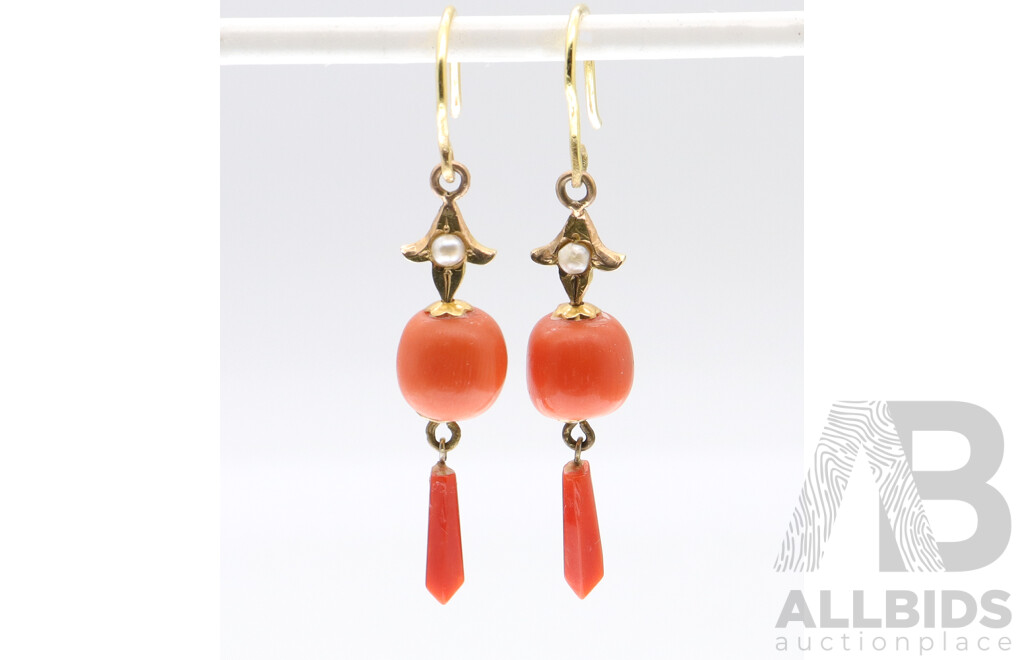 18ct Coral & Seed Pearl Drop Earrings, 50mm Long, 4.72 Grams