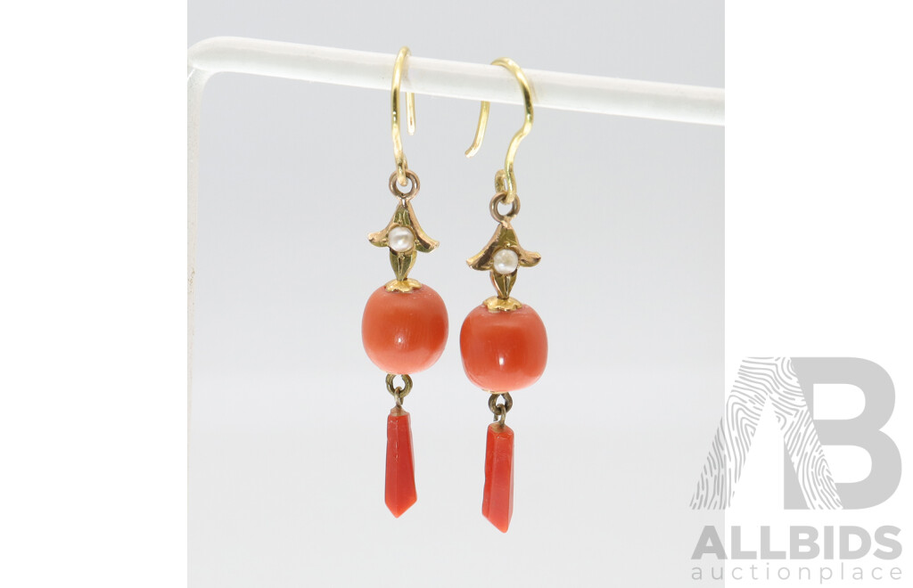 18ct Coral & Seed Pearl Drop Earrings, 50mm Long, 4.72 Grams