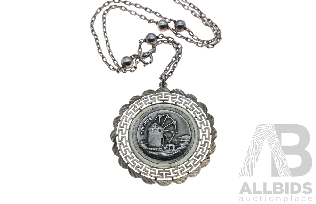 Sterling Silver Vintage Greek Mykono Pendant and Fancy Ball Link Chain, 78cm, 24.80 Grams