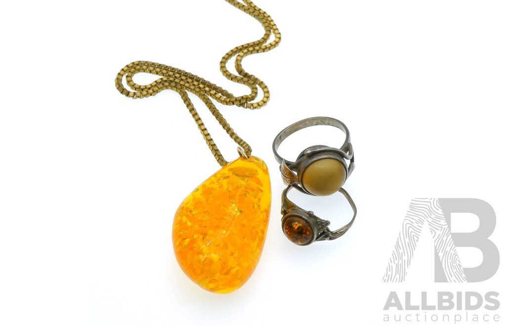 Sterling Silver Vintage (2) Amber Rings and Vintage Gold Tone Large Amber Pendant, 40mm X 20mm