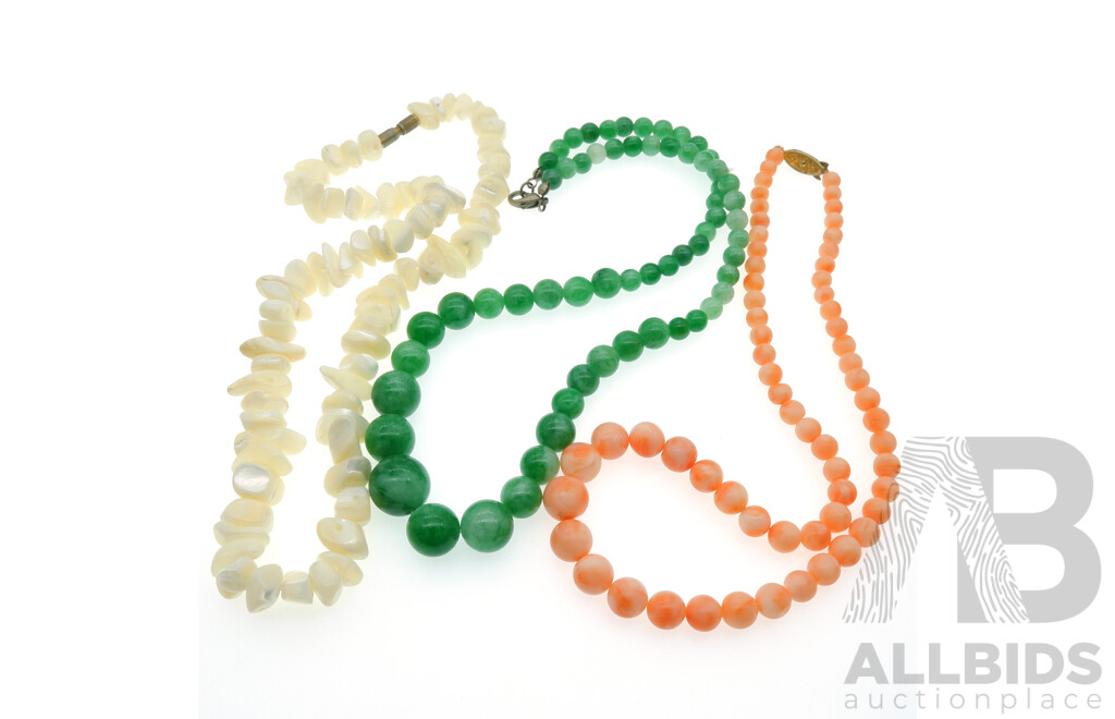 Beautiful Vintage Natural Gemstone Beaded Necklaces (3) with Jade, Coral and Mother of Pearl