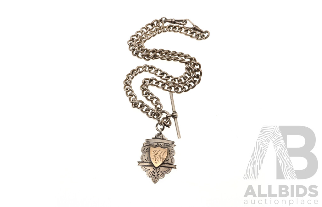 Antique Silver Medal/pendant 1923 on Sterling Silver Albert Fob Chain, 45cm, 54.33 Grams