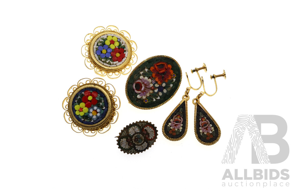 Mico Mosaic Vintage Collection of (4) Brooches and Screw Back Clip on Earrings