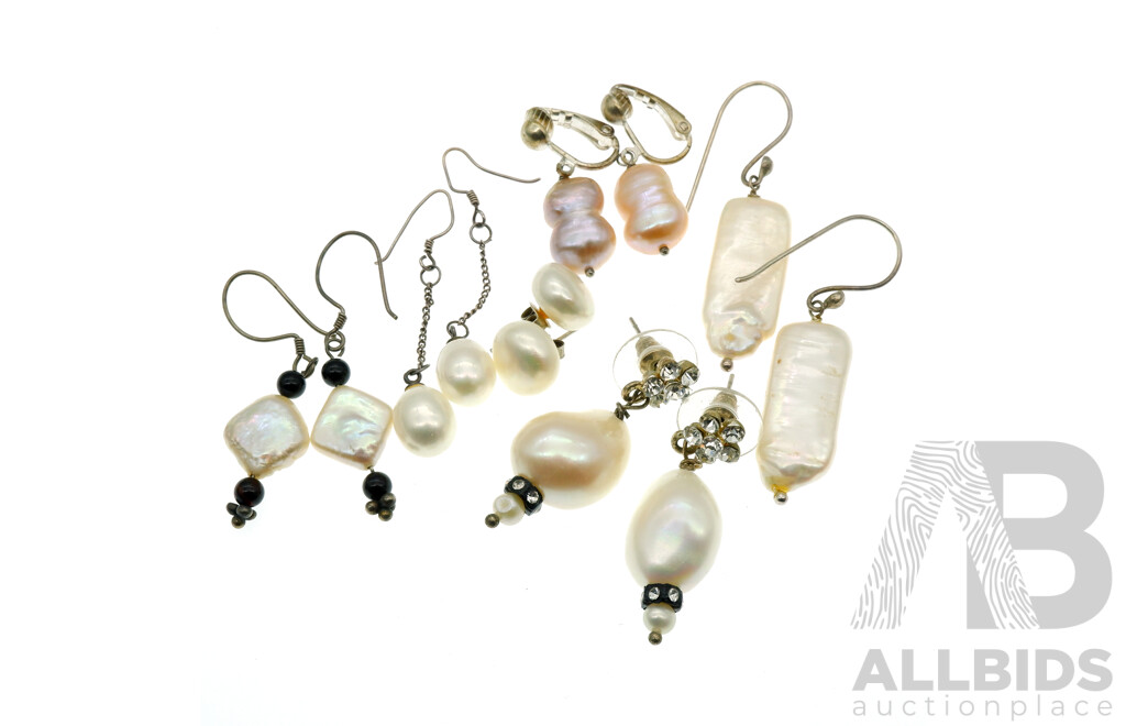 Collection of (6) Pairs Baroque Freshwater Pearl Earrings in Various Shapes and Designs