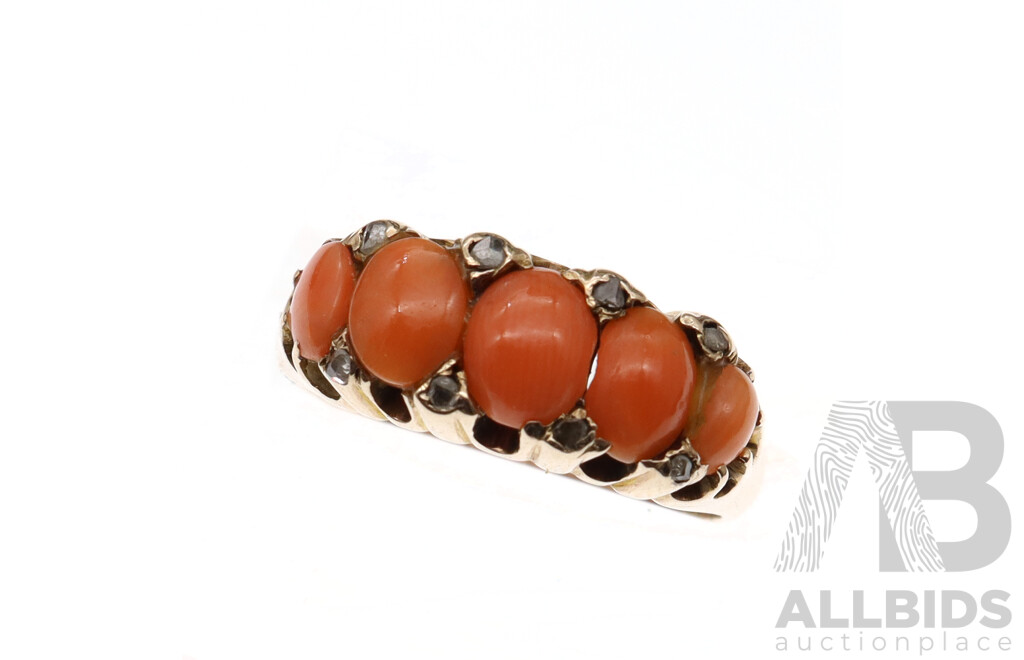 9ct Antique C.1900 Coral. & Diamond Set Bridge Ring, Size N, 4.27 Grams