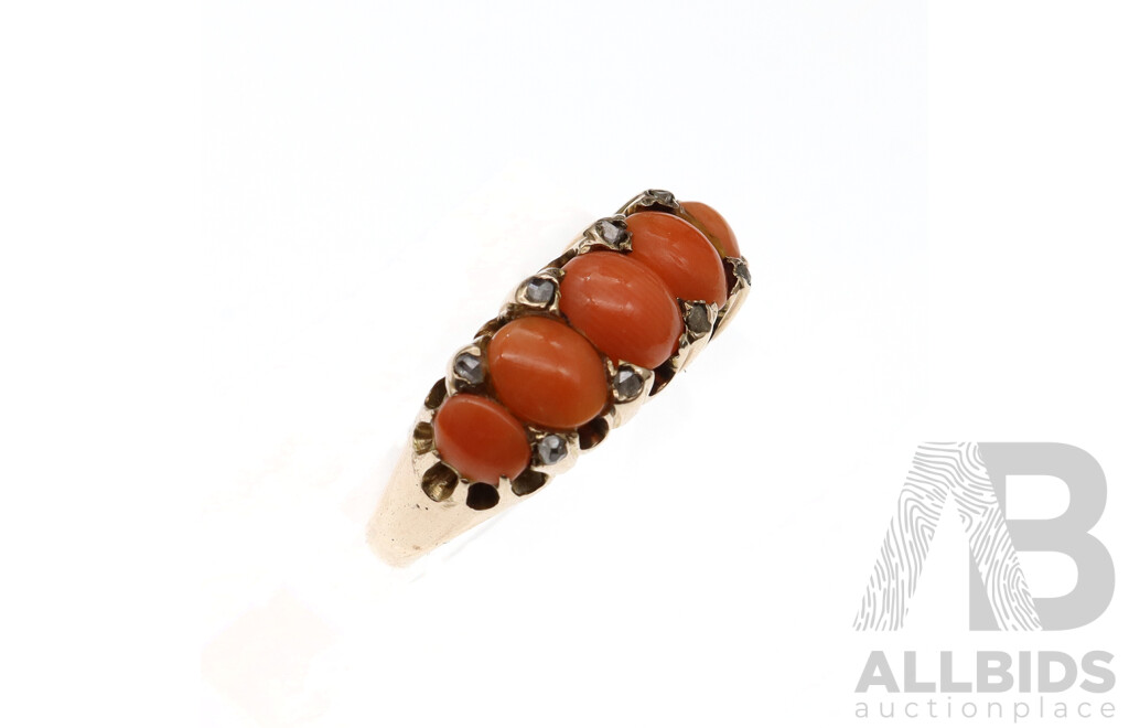 9ct Antique C.1900 Coral. & Diamond Set Bridge Ring, Size N, 4.27 Grams