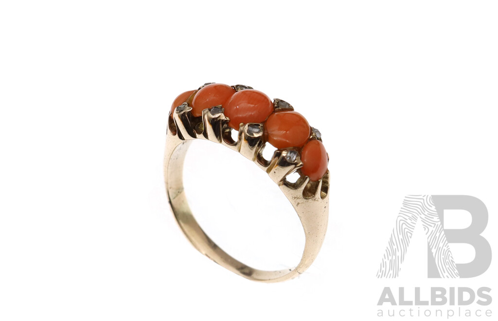 9ct Antique C.1900 Coral. & Diamond Set Bridge Ring, Size N, 4.27 Grams