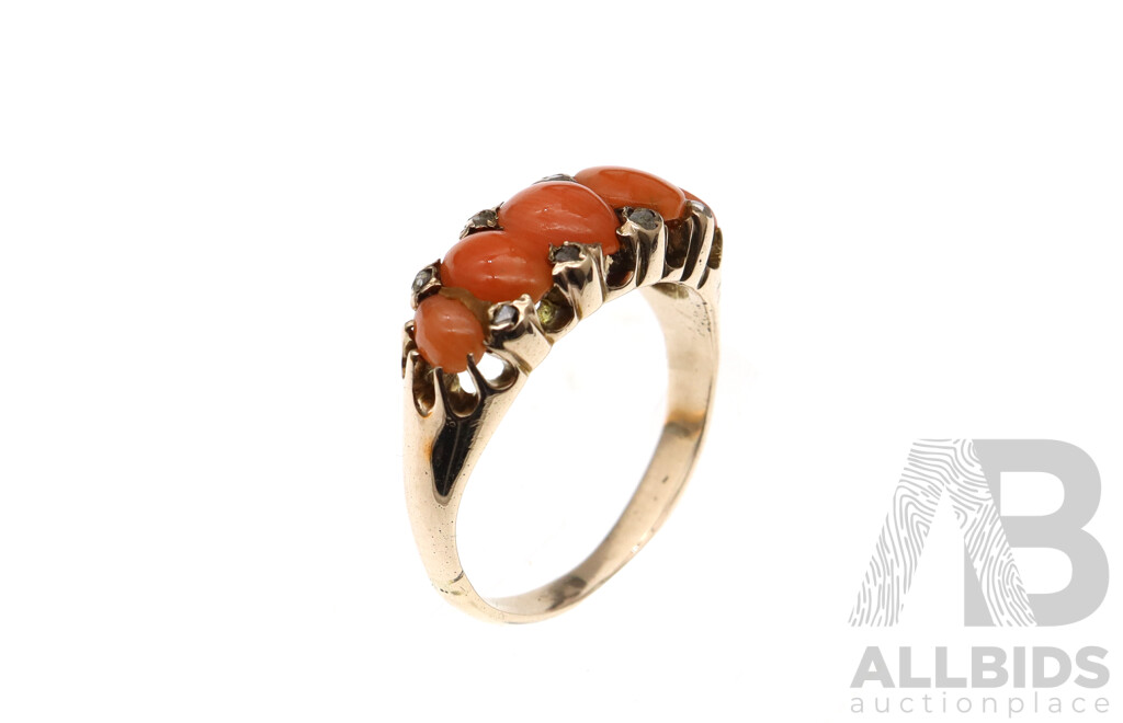 9ct Antique C.1900 Coral. & Diamond Set Bridge Ring, Size N, 4.27 Grams