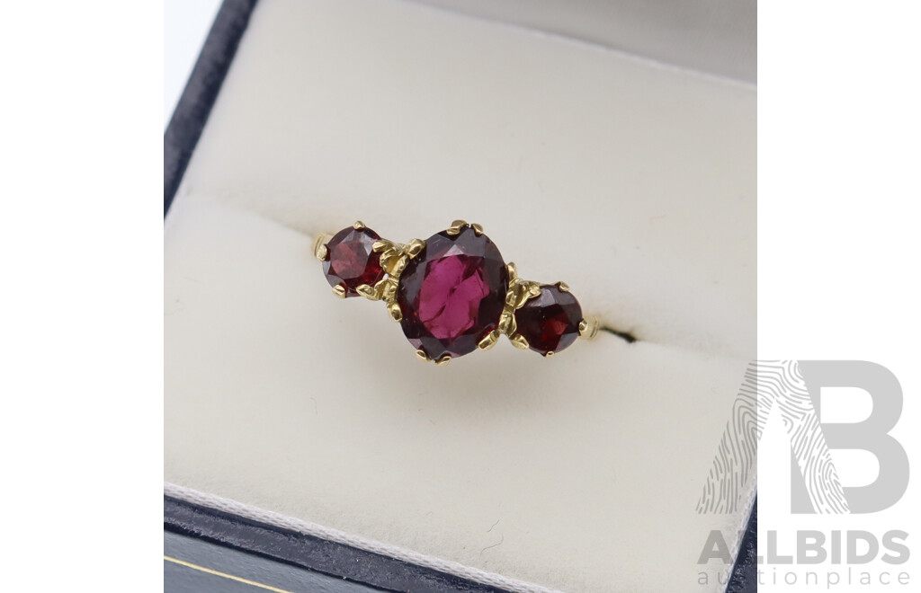 9ct Vintage Rhodolite Garnet Bridge Ring, Size N, 1.94 Grams