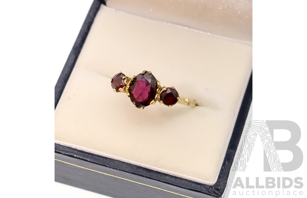 9ct Vintage Rhodolite Garnet Bridge Ring, Size N, 1.94 Grams