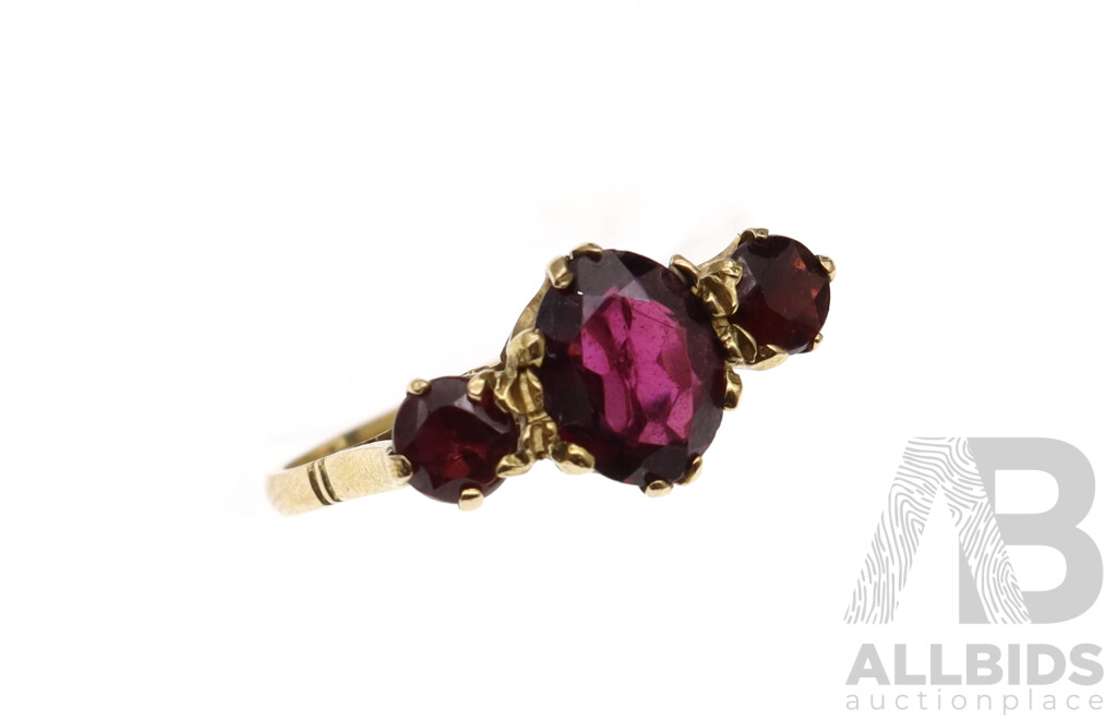 9ct Vintage Rhodolite Garnet Bridge Ring, Size N, 1.94 Grams