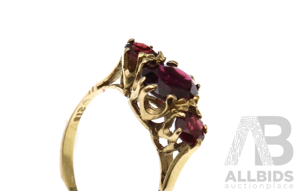 9ct Vintage Rhodolite Garnet Bridge Ring, Size N, 1.94 Grams