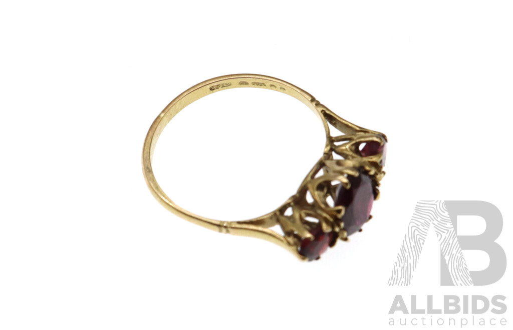 9ct Vintage Rhodolite Garnet Bridge Ring, Size N, 1.94 Grams