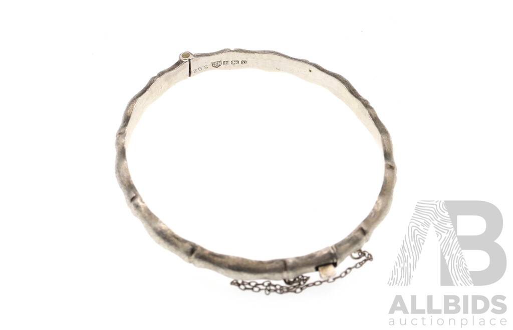 Sterling Silver Vintage Hinged Brushed Bamboo Bangle, 62mm Diameter, Hallmarked Birmingham 1978, 9.65 Grams