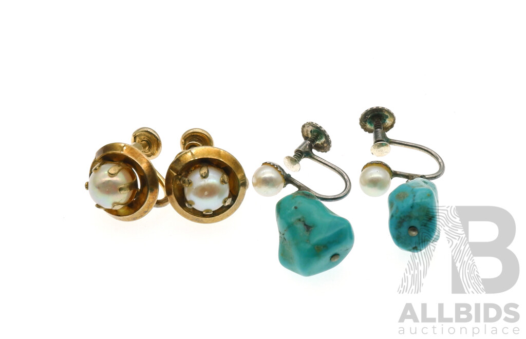 Vintage Turquoise & Cultured Pearl (2) Pairs of Screw Back Clip on Earrings in Sterling Silver and 1/20 12KT GF