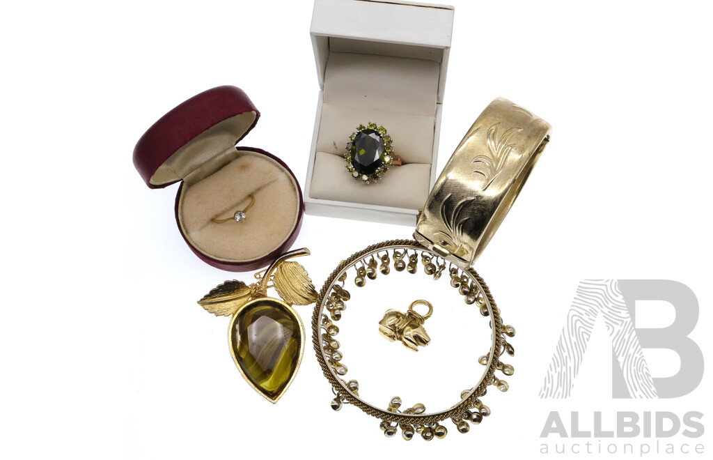 Collection of Vintage Jewellery Items Including Hinged Bangle, 925 Cocktail Ring and Rolled Gold Engagement Style Ring