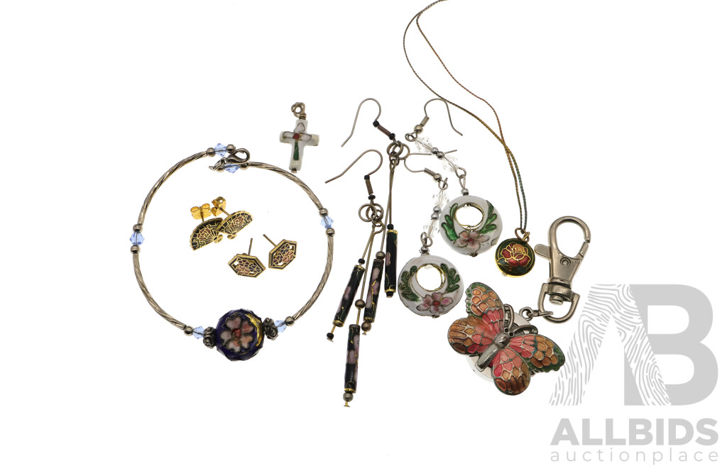 Vintage Cloisonne Petite Jewellery Collection Including Bangle, Earrings, Pendants and Butterfly Watch Keyring