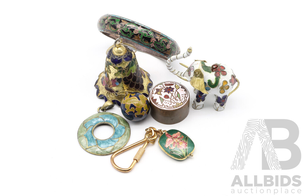 Collection Of Vintage Cloisonne Trinkets Including (2) Ornaments, Bangle, Trinket Box, Keyring and Harmony Ball