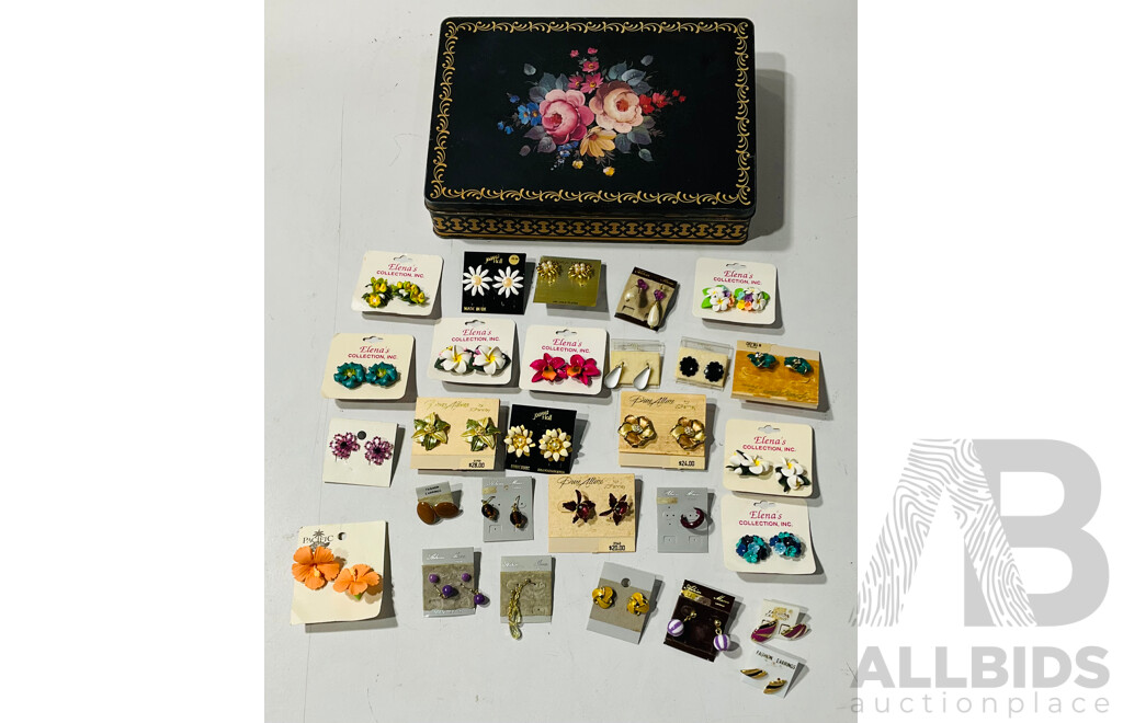 as New (28) Pairs of Vintage Fashion Earrings Still on Display Cards, in Lovely Vintage Floral Design Metal Tin