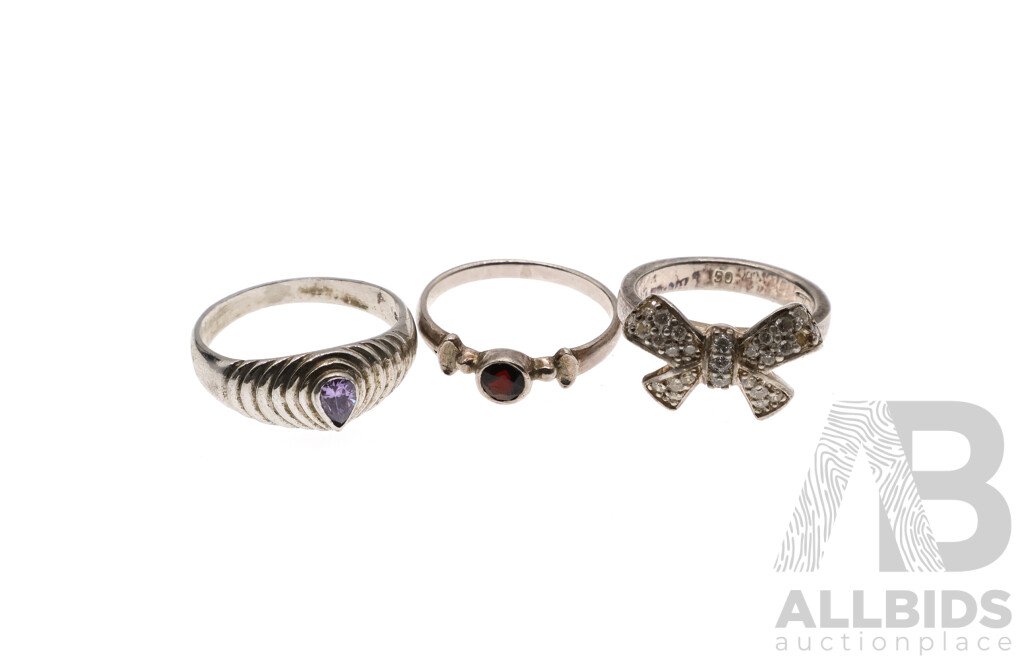 Thomas Sabo Sterling Silver Cz Bow Ring, with (2) Sterling Silver Amethyst & Garnet Set Rings, Sizes K, O & J, 9.94 Grams