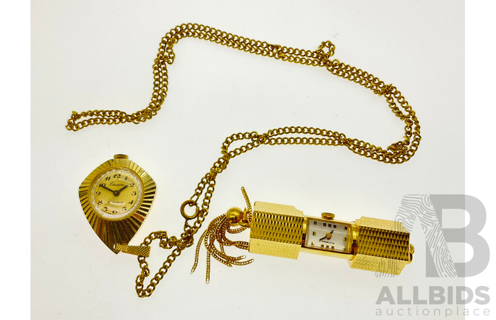 Vintage (2) Gold Tone Watch Pendants, Bucherer & Etienne Brands, Both Manual Winding