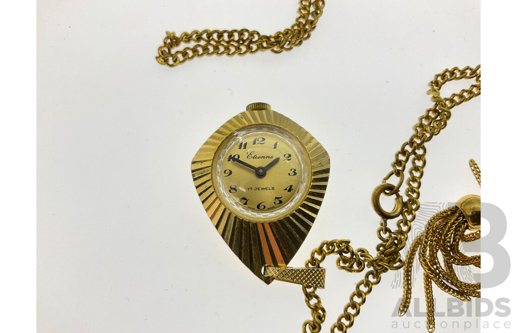 Vintage (2) Gold Tone Watch Pendants, Bucherer & Etienne Brands, Both Manual Winding