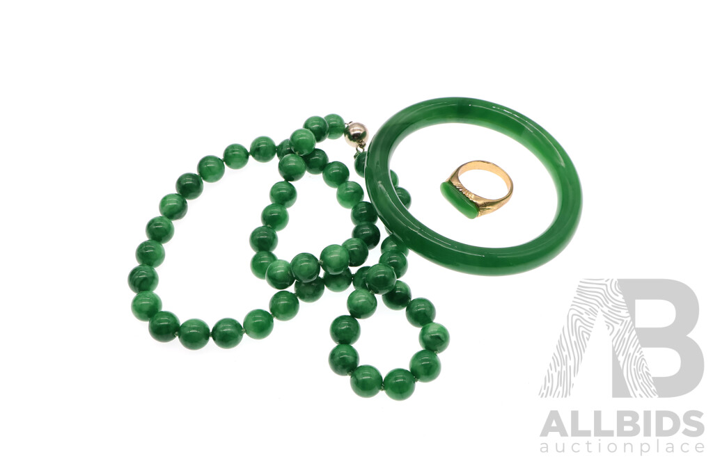 Jade Carved Bangle 62mm Diameter, Jade Beaded Necklace 57cm and Gold Tone Jade Ring, Size T