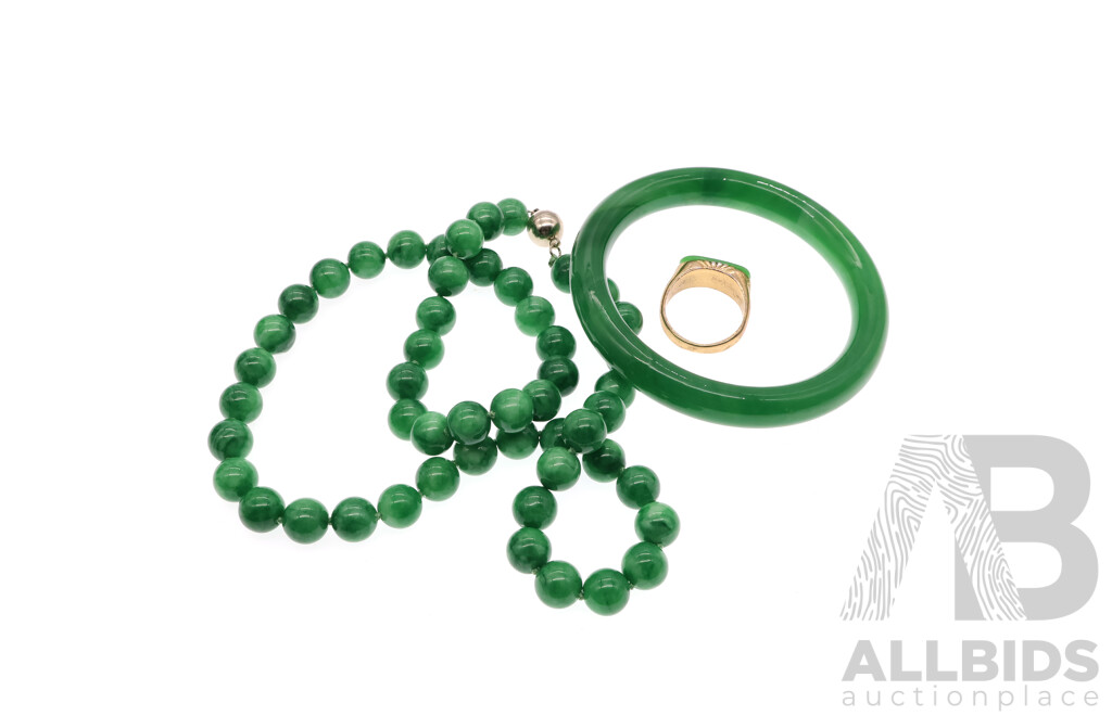 Jade Carved Bangle 62mm Diameter, Jade Beaded Necklace 57cm and Gold Tone Jade Ring, Size T