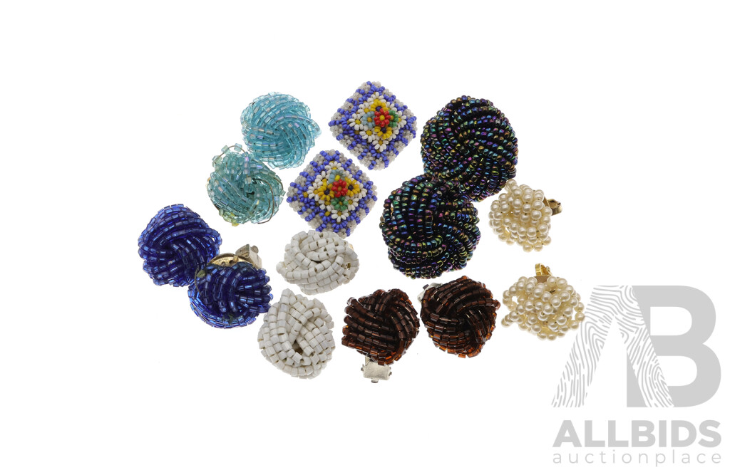 Vintage (7) Pairs of Beaded Clip on Earrings in Gold/silver Tone with Colourful Micro Beads