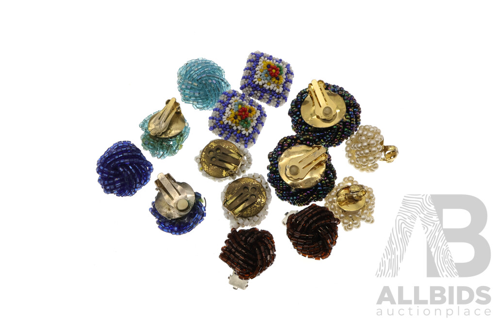 Vintage (7) Pairs of Beaded Clip on Earrings in Gold/silver Tone with Colourful Micro Beads