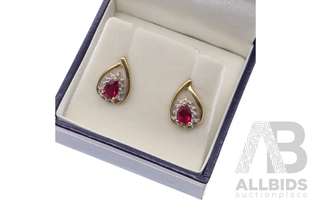 Prouds 9ct Created Ruby & Diamond Set Stud Earrings, TDW 0.01ct, 13mm Long, 1.47 Grams