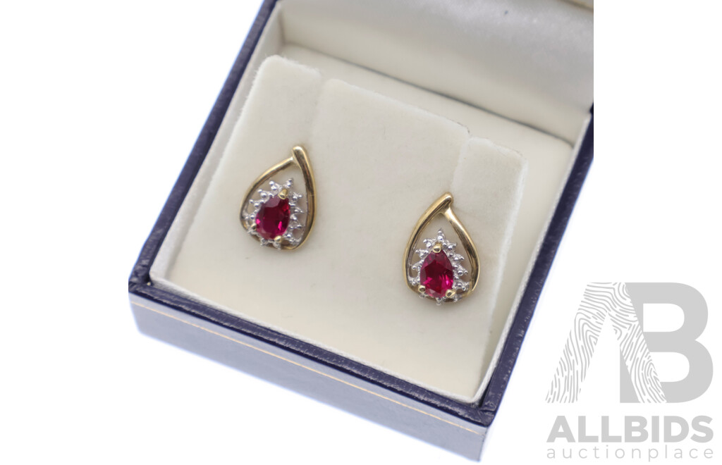 Prouds 9ct Created Ruby & Diamond Set Stud Earrings, TDW 0.01ct, 13mm Long, 1.47 Grams