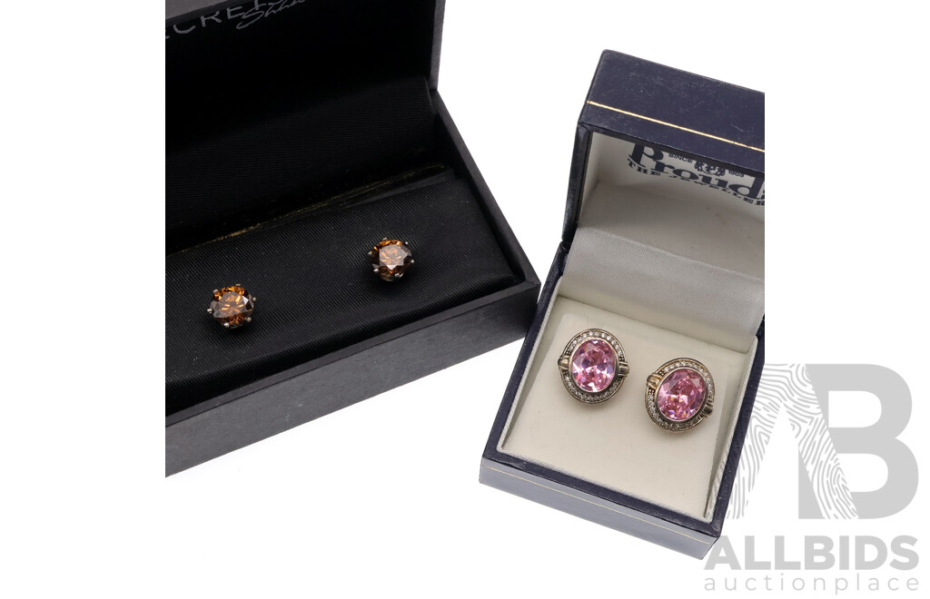 Prouds Sterling Silver Pink & White Cz Stud Earrings, 15mm, 5.87 Grams & Secrets Shhh 8mm CZ Stud Earrings