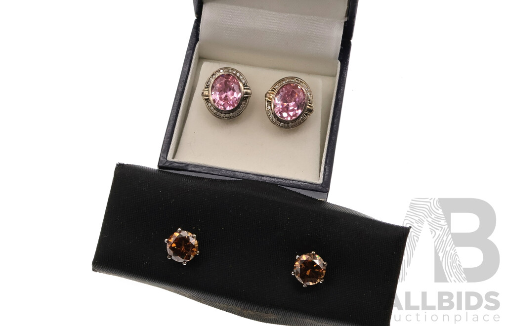 Prouds Sterling Silver Pink & White Cz Stud Earrings, 15mm, 5.87 Grams & Secrets Shhh 8mm CZ Stud Earrings