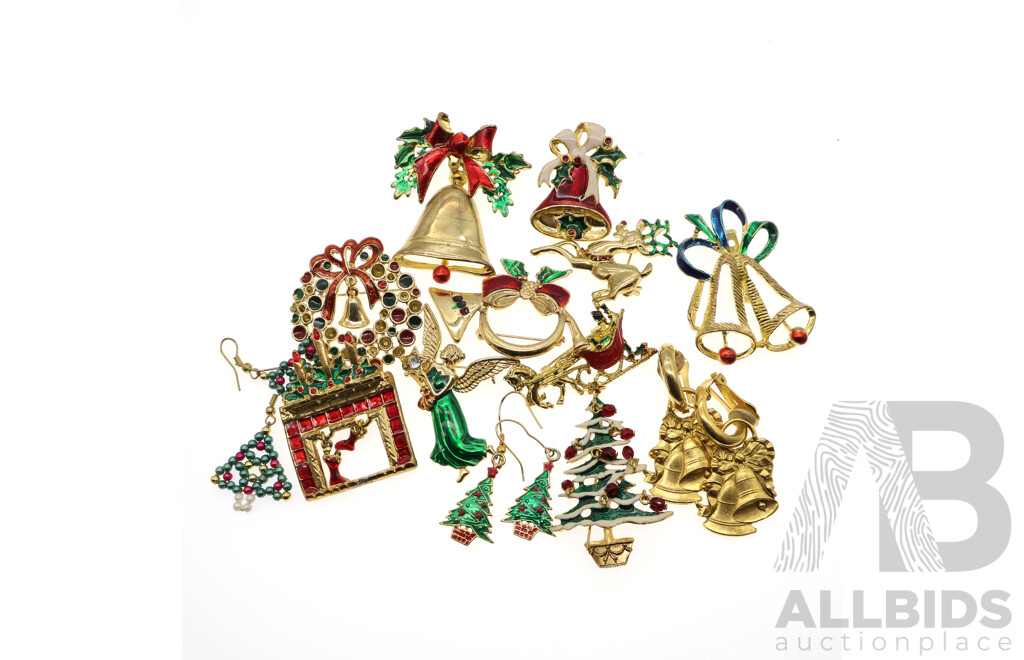 Collection of Gold Tone and Enamel Christmas Brooches & Earrings