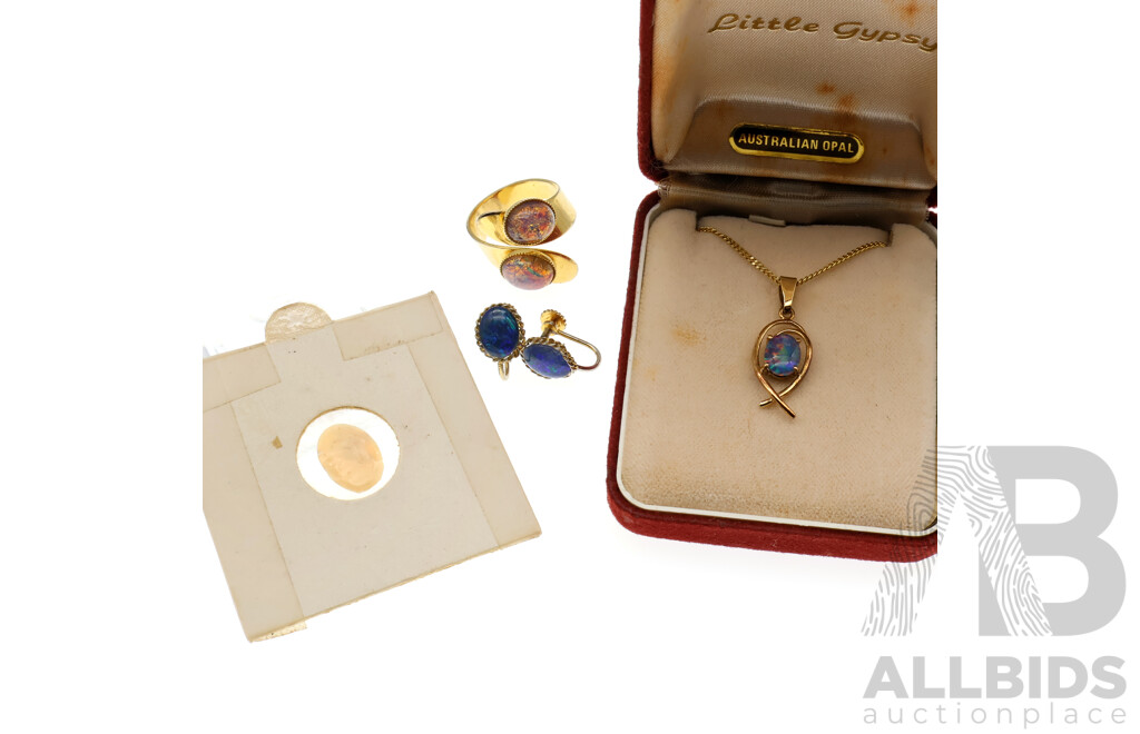 Vintage Gold Plated Opal Triplet Pendant, Earrings and Ring with Solid Oval Crystal Opal Piece 14mm X 10mm