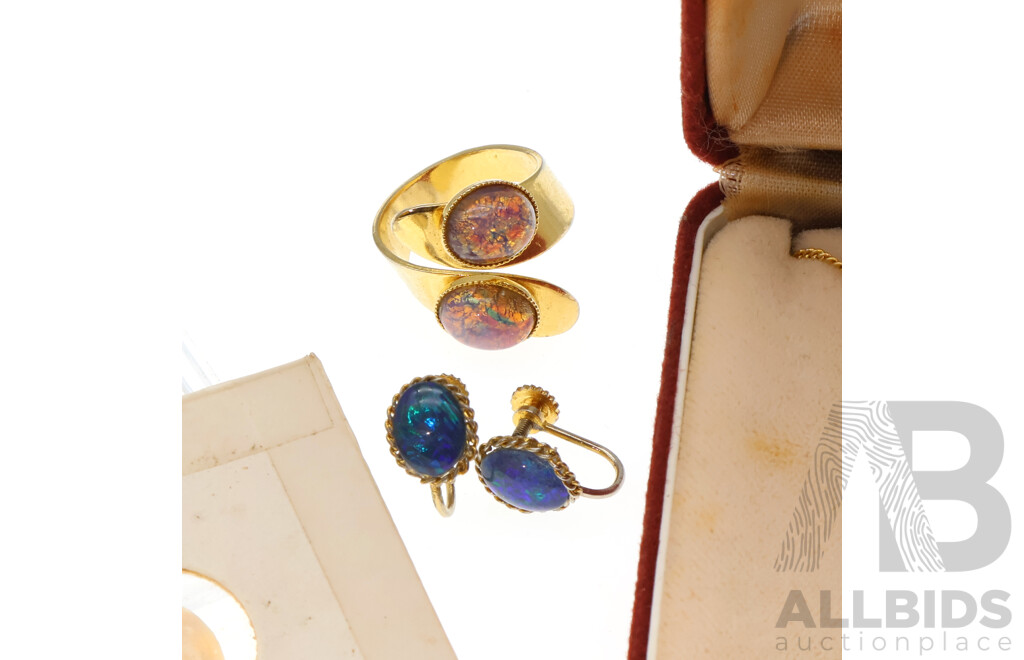 Vintage Gold Plated Opal Triplet Pendant, Earrings and Ring with Solid Oval Crystal Opal Piece 14mm X 10mm