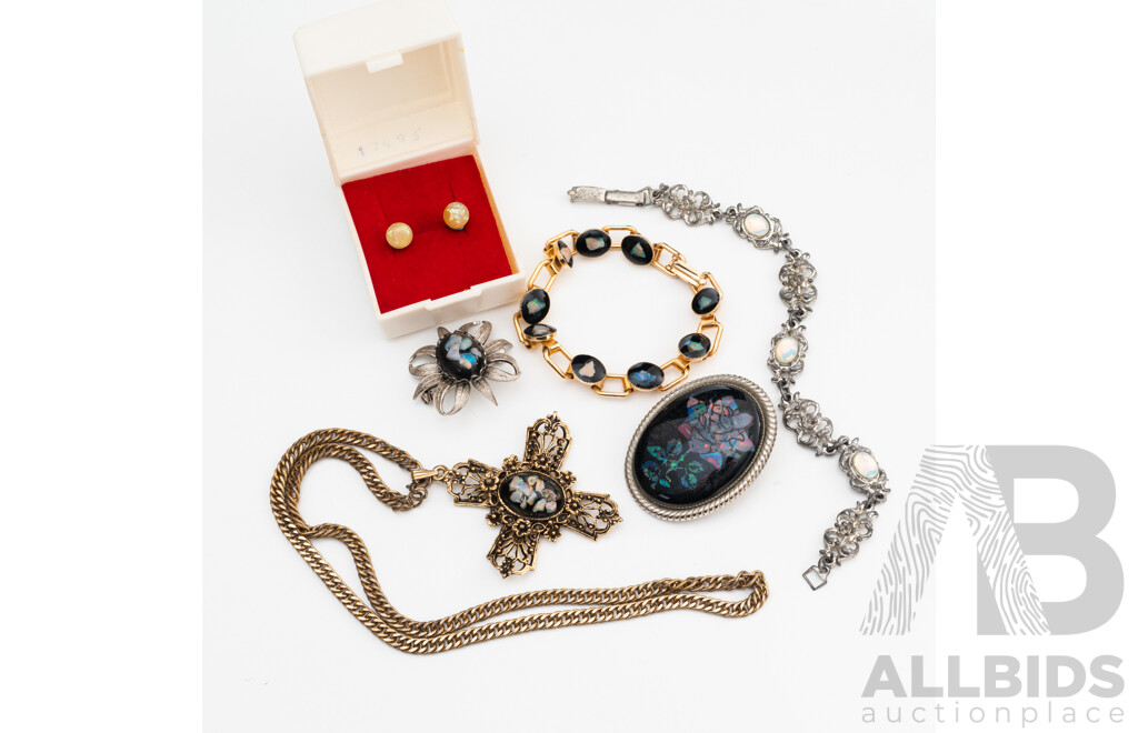 Collection of Vintage Costume Jewellery Items with Inlaid Opal and Opal Resin Ball Stud Earrings