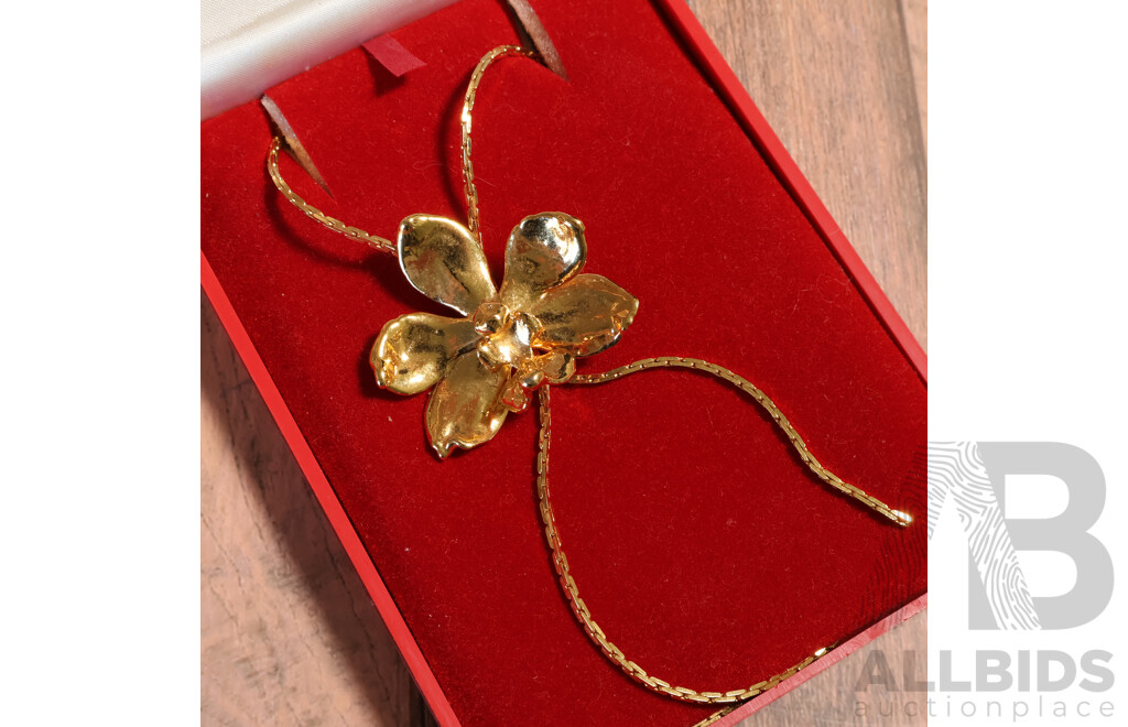 Vintage 'Preserved Fresh Singapore Orchid in 22KT Gold' on Gold Plated Lariat Style Necklace, 70cm Long