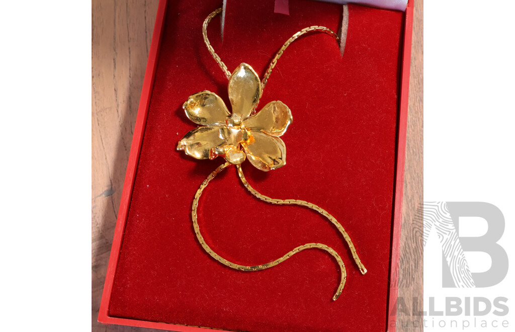 Vintage 'Preserved Fresh Singapore Orchid in 22KT Gold' on Gold Plated Lariat Style Necklace, 70cm Long