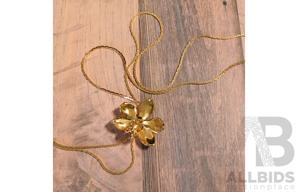 Vintage 'Preserved Fresh Singapore Orchid in 22KT Gold' on Gold Plated Lariat Style Necklace, 70cm Long