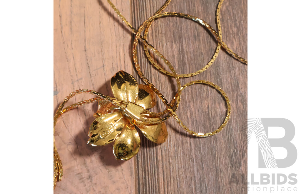 Vintage 'Preserved Fresh Singapore Orchid in 22KT Gold' on Gold Plated Lariat Style Necklace, 70cm Long