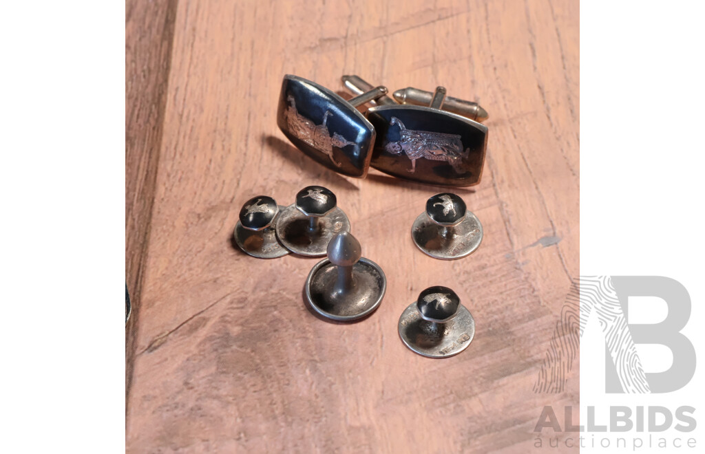 Antique Gentleman's Stud Box with Vintage Sterling Silver & Enamel Cuff Links and (5) Matching Dress Studs, 17.64 Grams