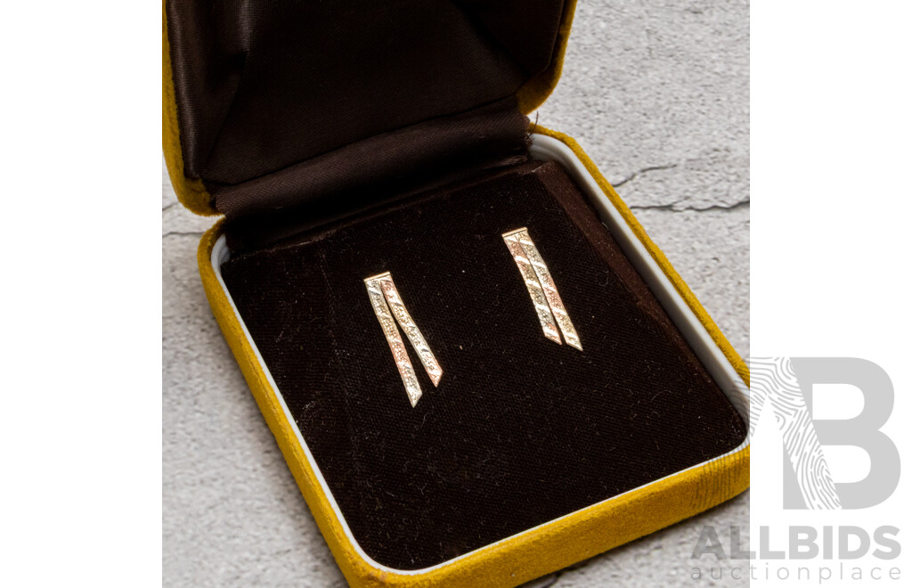 9ct Vintage Tri-Tone Gold Drop Stud Earrings, 25mm Long, 1.12 Grams
